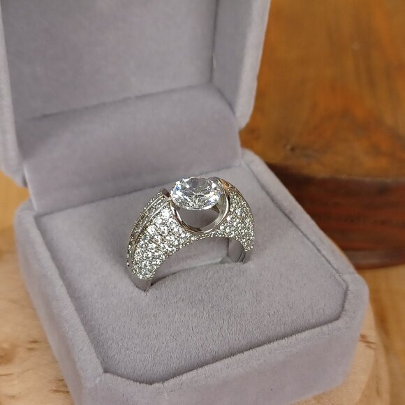 Estate Jewelry - Vintage Sterling Silver Faux Diamond Statement Ring, Sz 6.75